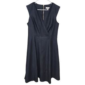 Calvin Klein V Neck Dark Denim Wrap Midi Dress Size 10 Fit & Flare Gold Zipper